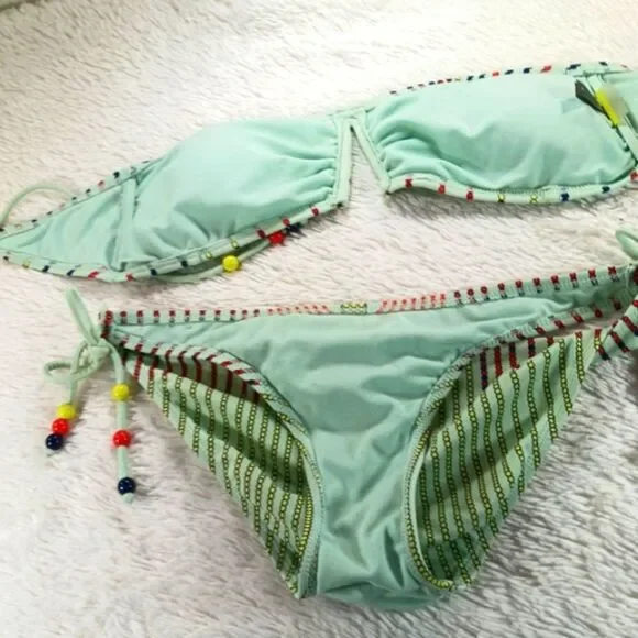 LA Hearts 2 Piece String Bikini With Strapless Bandeau Top. Retro Boho Beaded L - Picture 9 of 12